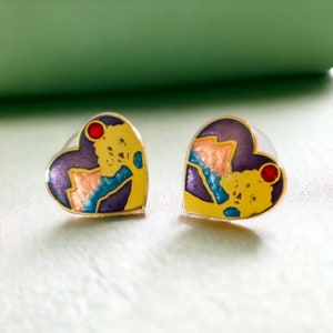 Pierced Cloisonne Earrings | Vintage Gold Enamel Floral Earrings | Heart Landscape