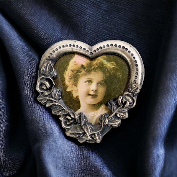 Pewter Picture Frame Brooch, Silver Heart Photo Frame Pin