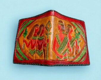 Vintage Tooled Leather Wallet | Hand Tooled Egyptian Coin Purse Clutch Wallet