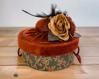 Vintage Hat Box | Brown Velvet | Faux Rose Flower and Feathers