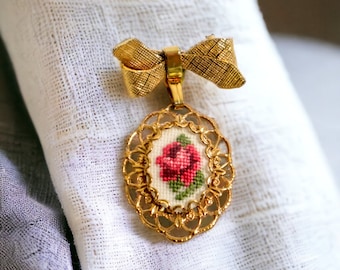 Needlepoint Rose Flower Pin | Vintage Gold Bow Ribbon Brooch