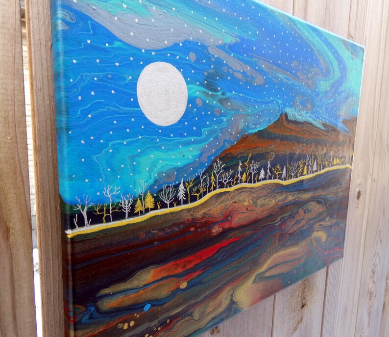 LUNA SILVER ~ Embellished Original Fluid Art Acrylic Painting on Canvas Paint Pour Abstract 12x16