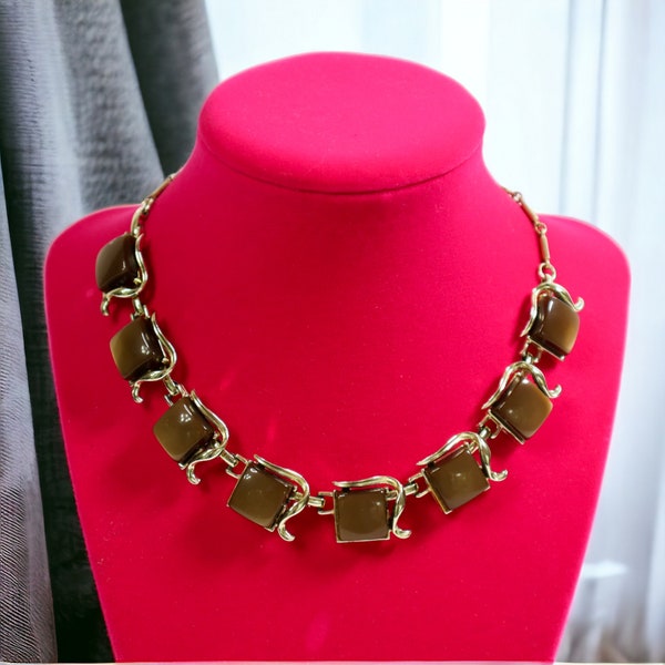 Vintage CORO Thermoset Necklace | Chocolate Moonglow Lucite | Gold Tone Chain | Costume Jewelry