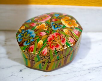 Authentic Kashmir Lacquered Paper Mache Trinket Box | Hand Painted | Vintage Indian Folk Art