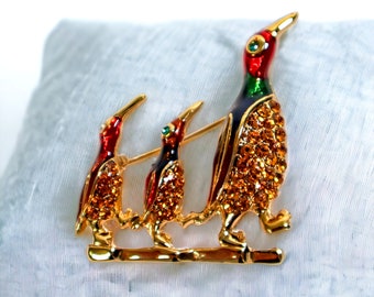 Crystal Rhinestone Enamel Penguins Brooch | Gold Tone Bird Pin