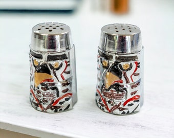 Vintage Inuit Hand Painted Totem Chrome Silver Metal Salt and Pepper Shakers