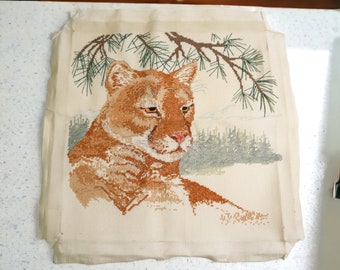 Vintage Needlepoint Tapestry | Salvaged Completed Needlepoint | Mountain Lion Cat Cross Stitch