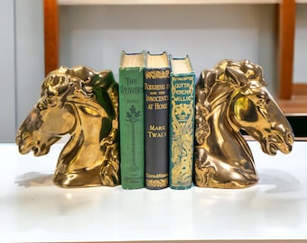 Metallic Bronze Glazed Pottery Horse Bookends | Vintage Ceramic Book Ends or Sculptures