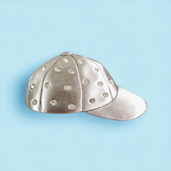 JJ Pewter Rhinestone Baseball Cap Brooch | Silver Metal Hat Pin
