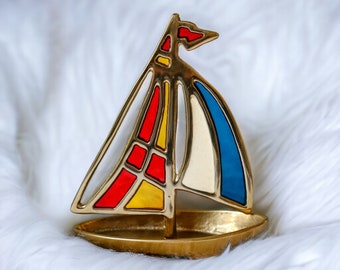 Brass and Resin Sailboat Sculpture, Vintage Trinket Dish