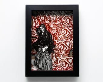 Samurai Shadowbox Art | Laser Engraved Recycled Wood, Japanese Decor