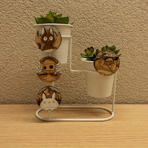 Set of four round wooden magnets inspired by Studio Ghibli characters — Totoro, Porco Rosso, Jiji, and the Laputa robot. Displayed on white plant pots with green succulents, showing their natural wood tones and engraved details. Handmade from layered plywood and MDF, each magnet measures 5 cm in diameter. Perfect for decoration or as a gift for anime and Studio Ghibli fans.