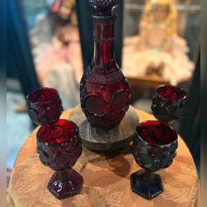 Avon Capcod Ruby Red Goblet Set with Wine Decanter