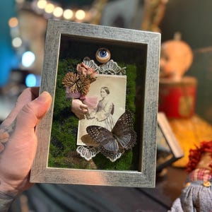 Secrets Held Within a Dusk Bloom: Antique, Butterfly, Flowers, Mixed Media Shadow Box.