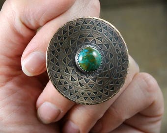 READY TO SHIP - Etched Brass Mandala with Chrysocolla and Sterling Silver Shank - Size 5.5