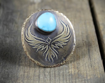 READY TO SHIP - Etched Brass Phoenix with Turquoise and Sterling Silver Shank - Size 7