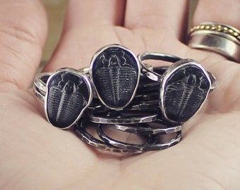 MADE TO ORDER - Trilobite Fossil Sterling Stacking Rings with Hammered Finish - Set of 5