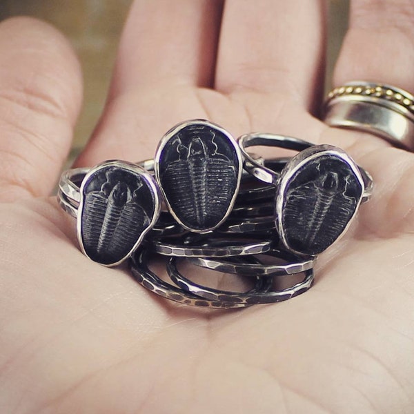 MADE TO ORDER - Trilobite Fossil Sterling Stacking Rings with Hammered Finish - Set of 5