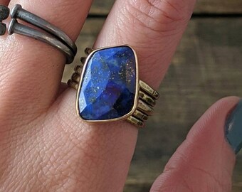 READY TO SHIP - Brass Stacking Ring Set with Faceted Lapis Lazuli- Sz 8