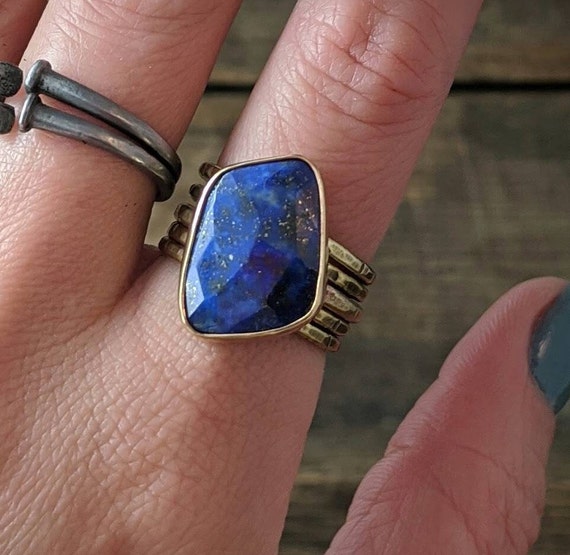 READY TO SHIP - Brass Stacking Ring Set with Faceted Lapis Lazuli- Sz 8