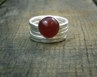 Sterling Stacking Rings - Set of 4 hammered and 1 wide hammered with Red Carnelian -MADE TO ORDER