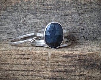 READY TO SHIP - Sterling Stacking Ring Set with Faceted Blue Sapphire - Sz 7.25