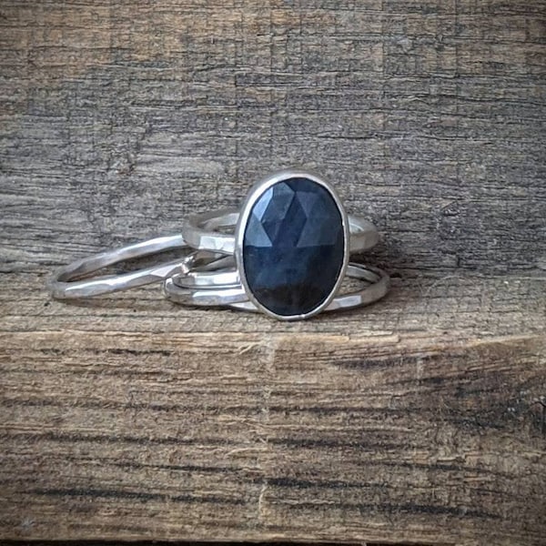 READY TO SHIP - Sterling Stacking Ring Set with Faceted Blue Sapphire - Sz 7.25