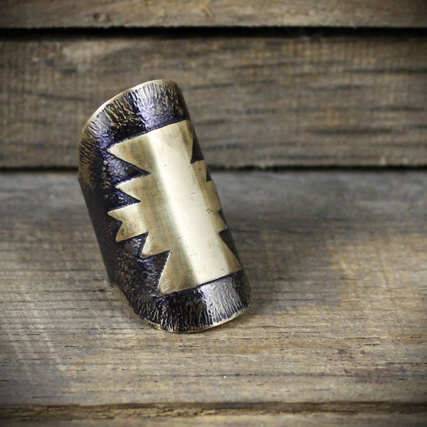 MADE TO ORDER - Warriors Shield - Armor Ring - Etched Brass Navajo Ring - Armor Knuckle Ring - Saddle Ring