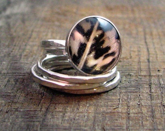 Sterling Stacking Ring Set with Pheasant Feather under Quartz - MADE TO ORDER