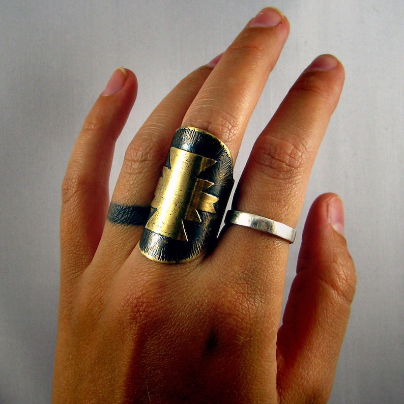 MADE TO ORDER Warriors Shield Armor Ring Etched Brass Navajo Ring Armor Knuckle Ring Saddle Ring image 4
