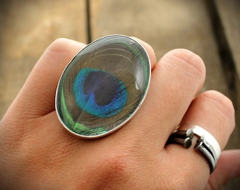 Peacock Feather Cocktail Ring - Sterling Ring with Quartz and Naturally Shed Peacock Plumage Feather - MADE TO ORDER