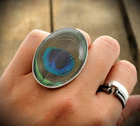 Peacock Feather Cocktail Ring Sterling Ring With Quartz and