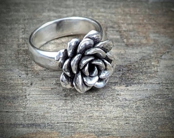 Silver Succulent Flower Ring - Size 8 1/2