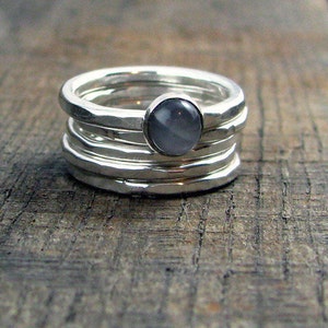 Sterling Stacking Rings - Set of 4 hammered and 1 wide hammered with round Grey Moonstone - MADE TO ORDER