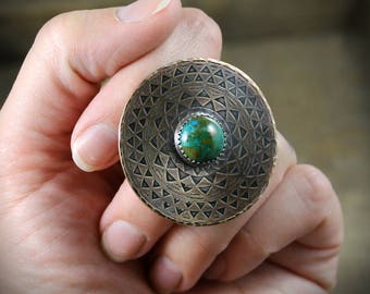 MADE TO ORDER in your size - Etched Brass Mandala with Chrysocolla and Sterling Silver Shank