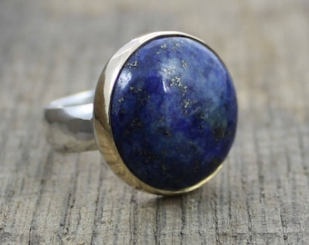 Bright Blue Lapis Lazuli with Pyrite Inclusions - Sterling and Brass Cocktail Ring - MADE TO ORDER in your size