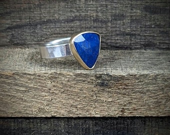 Trillion Blue Lapis Lazuli with Pyrite Galaxy Dust - Sterling and Brass Cocktail Ring - Size 8