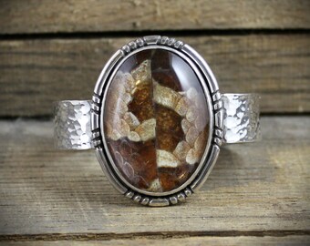 Hammered Silver Snakeskin Cuff - Quartz Cabochon with Natural Snakeskin - MADE TO ORDER