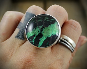 READY TO SHIP - Sterling Ring with Quartz and Naturally Shed Peacock Butterfly Wing - Size 7.5