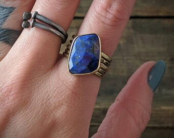 READY TO SHIP - Brass Stacking Ring Set with Faceted Lapis Lazuli- Sz 8