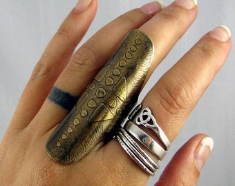 Warriors Shield - Armor Ring - Brass Crop Circle Knuckle Saddle Shield Ring - MADE TO ORDER