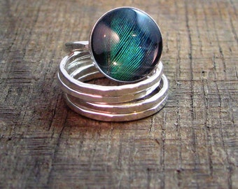 Sterling Stacking Rings with Peacock Feather under Quartz - MADE TO ORDER