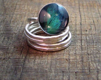 MADE TO ORDER - Sterling Stacking Ring Set with Peacock Feather