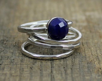 Faceted Blue Lapis Sterling Stacking Rings - Set of 4 hammered and 1 wide hammered - MADE TO ORDER