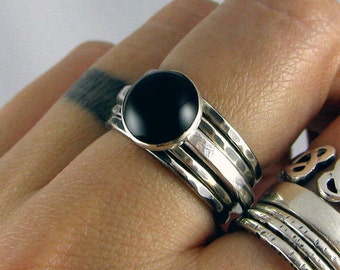 Sterling Stacking Rings - Set of 4 hammered and 1 wide hammered with Black Onyx - MADE TO ORDER