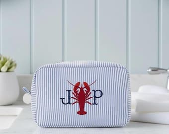 Trousse à cosmétiques homard brodé | Trousse de maquillage homard en seersucker avec initiales