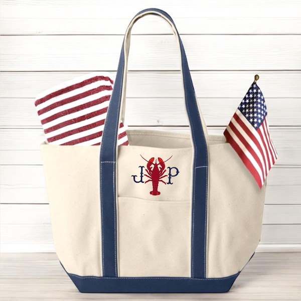 Embroidered Lobster Canvas Tote Bag | Personalized Coastal Lobster Boat Bag | Monogrammed Initials Canvas Tote