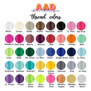 Peut inclure: Un nuancier de couleurs de fil, comprenant Blanc, Noir, Rose vif et Rose n&eacute;on. Le texte "AAD above all designs thread colors" est en haut de l'image.
