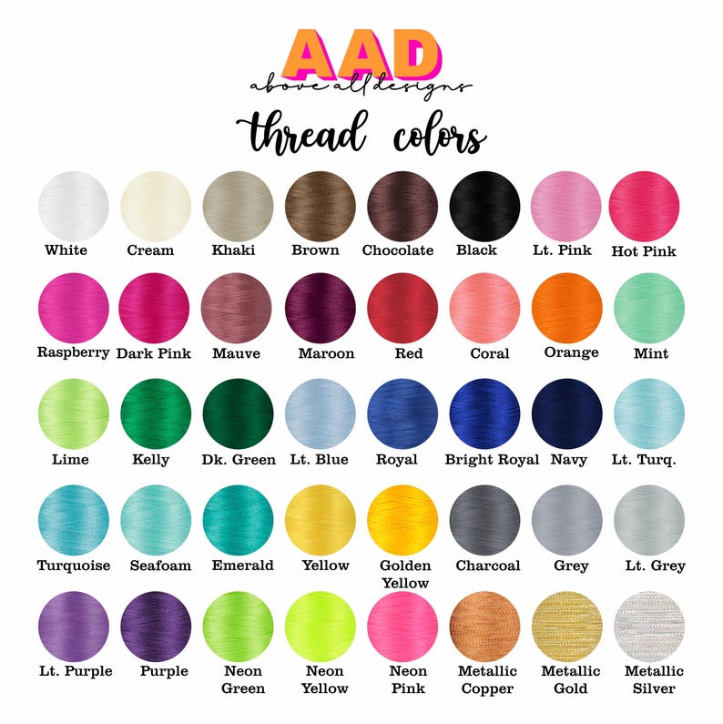 Peut inclure: Un nuancier de couleurs de fil, comprenant Blanc, Noir, Rose vif et Rose n&eacute;on. Le texte "AAD above all designs thread colors" est en haut de l'image.
