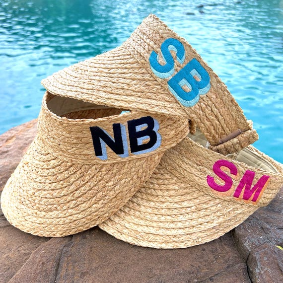 Embroidered Straw Visor Hat | Monogram Beach Visor Hat | Shadow Block Monogram Visor | Bridesmaid Gift | Bachelorette Trip